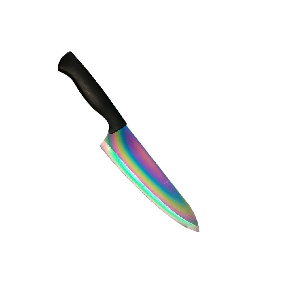Iridescent Chef Knife With Ergonomic Black Handle rainbow cutlery